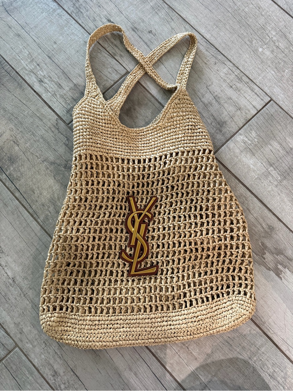 Natural Straw Tote with YSL Logo